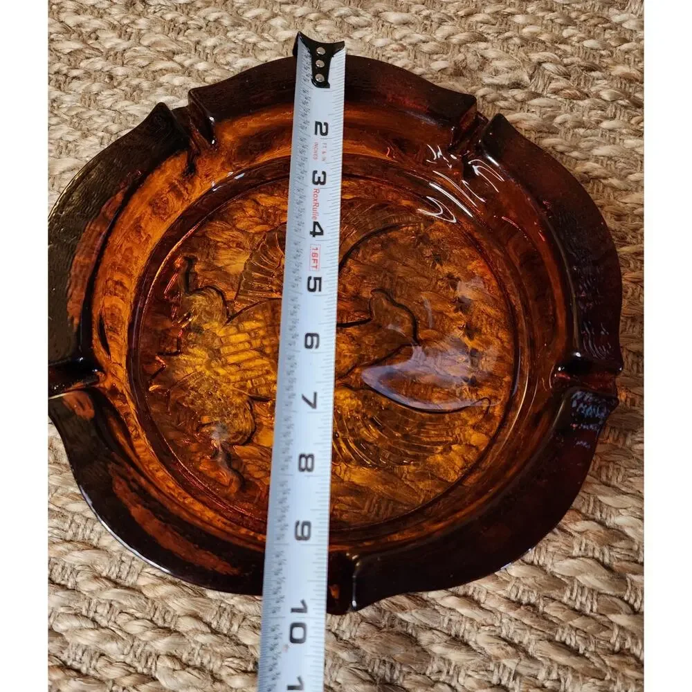 Vintage Amber Glass US Coat of Arms American Eagle Shield 7 Stars Ashtray 10”